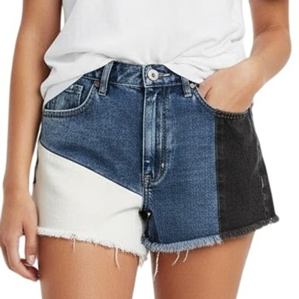 PacSun Jean Denim Shorts 26 Patchwork Frayed Hem High Rise Festival Boho Indie